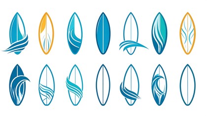 A collection of stylized surfboard illustrations, each featuring unique wave designs in shades of blue and gold. Designs vary in detail