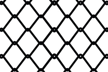 Fototapeta premium Seamless black outline vector pattern of a chain link fence or wire mesh. Interlocking diamond grid texture representing security, barrier, and enclosure. Flat, graphic, and isolated on white.