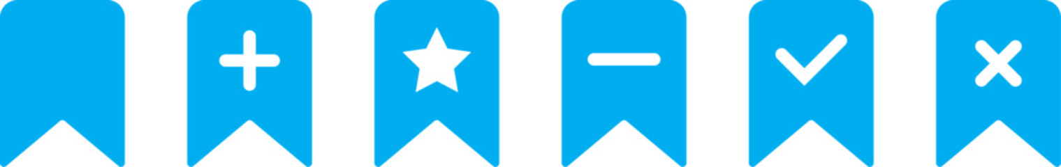 Bookmark Add and remove  icon set. plus and minus sign. Includes save, check and cross symbols. Bookmark action icons with symbols Vector
