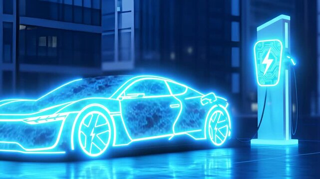 Futuristic electric car charging at a glowing blue charging station at night