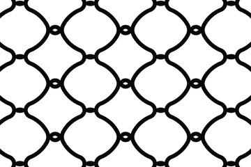 Naklejka premium Seamless black outline vector pattern of a chain link fence or wire mesh. Interlocking diamond grid texture representing security, barrier, and enclosure. Flat, graphic, and isolated on white.