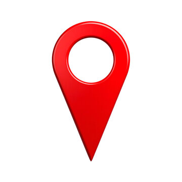 A glossy, red 3D location marker pin, rendered on a stark black background