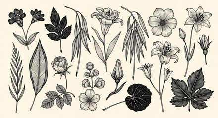 Vintage Botanical Set of Black Leaves and Flowers on Cream Background
