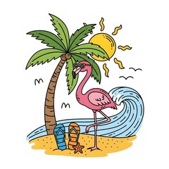  Summer Beach Vacation Doodle with Flamingo, Palm Tree, Sun, and Flip Flops