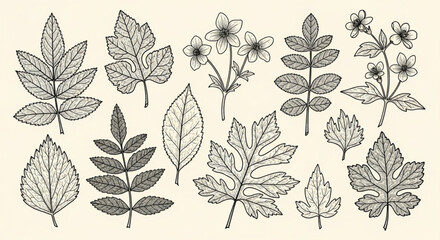 Vintage Botanical Set of Black Leaves and Flowers on Cream Background