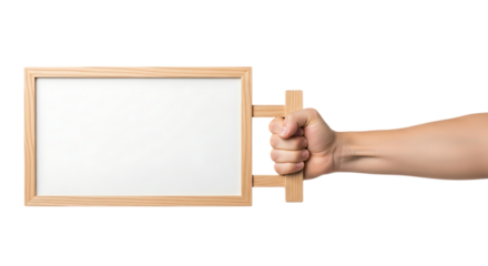 Hand Holding Empty Wooden Frame Isolated Against Black Background Mockup