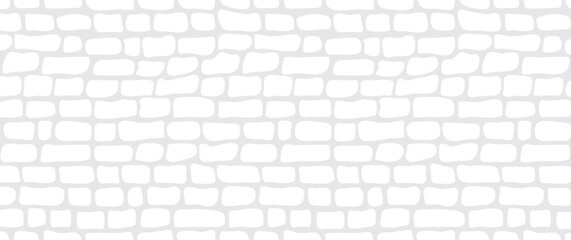 Brick wall background, white tile cobble seamless pattern, block stone texture. Kitchen ceramic bg, subway stone repeat. Cartoon gray rock building banner. Simple architecture vector illustration © Sylfida