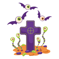 A festive Halloween card featuring a grave with striped ghosts emerging from it and a cross. Winged eyes fly around the cemetery. Hand-drawn vector illustration for banners, gifts, and apparel prints.