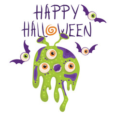 A festive Halloween card featuring a green, scary monster with flying eyes. Happy Halloween! Hand-drawn vector illustration for banners, gifts, and apparel prints.