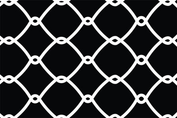 Fototapeta premium Seamless white outline vector pattern of a chain link fence or wire mesh on a black background. Interlocking diamond grid texture representing security, barrier, and enclosure. High-contrast graphic.