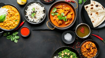 Colorful Indian Cuisine Spread with Curry, Rice, Bread, and Fresh Ingredients on Dark Table Background