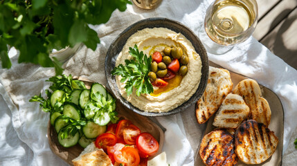 Mediterranean Hummus Platter with Grilled Bread and Vegetables
