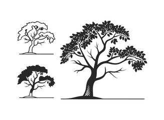 Collection of stylized black tree silhouettes and outline illustrations, showcasing diverse foliage, trunks, and branch structures.
