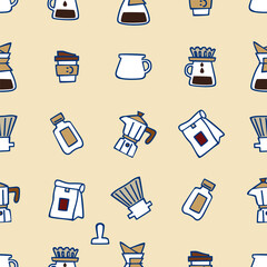 Cute seamless pattern of coffee makers, mugs, and cafe treats in warm tones. Perfect for wallpapers, packaging, or cafe branding design.