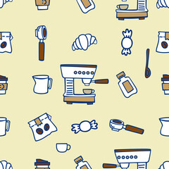 Cute seamless pattern of coffee makers, mugs, and cafe treats in warm tones. Perfect for wallpapers, packaging, or cafe branding design.