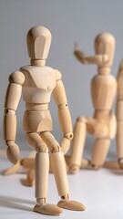 Wooden artist's mannequins posed in various positions, studio lighting