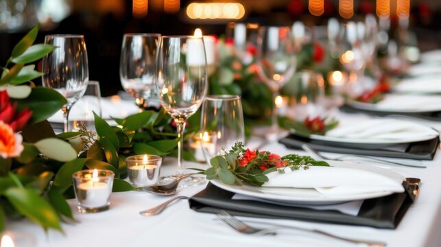 Elegant dining table set for celebration with floral arrangement, candles, glassware, and fine dinnerware in soft lighting ambiance