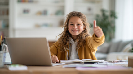 Smiling Girl Giving Thumbs Up While Studying at Home