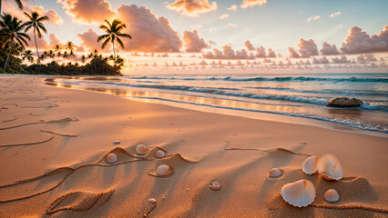 Tropical beach sunset with seashells on sand