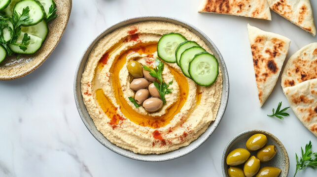 Rustic Hummus with Green Olives and Olive Oil on Wooden Board