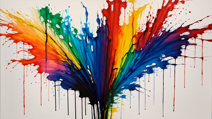Explosion of rainbow paint colors on white canvas