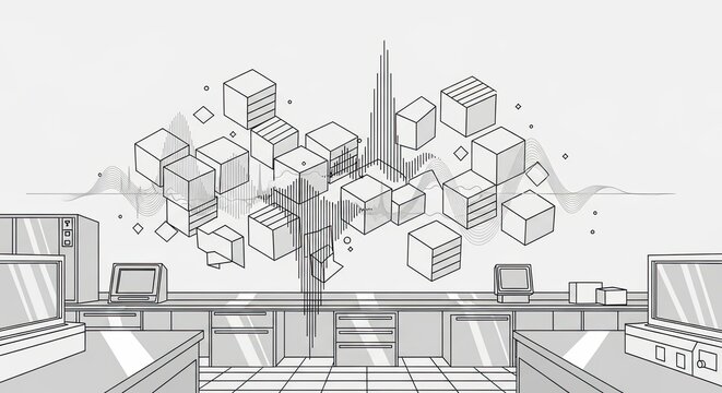 Abstract urban landscape with geometric structures and sound waves - Powered by Adobe