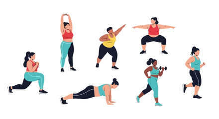 A diverse group of plus-size women engaged in various fitness activities like yoga, running, and weightlifting.