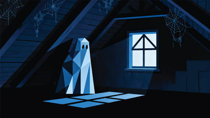Illustration Of A Ghost Hiding In The Attic Of An Old House, Mysterious Horror Atmosphere Vector Design Template © BedRoses