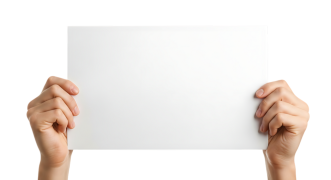 Hands holding blank white paper on black background for message