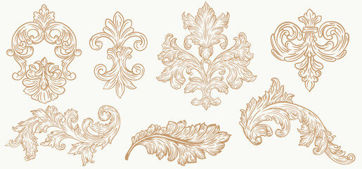 Elegant vintage baroque floral ornament set with detailed acanthus leaves and scrollwork. Perfect for luxury invitations, antique frames, and classic decorative vector design.