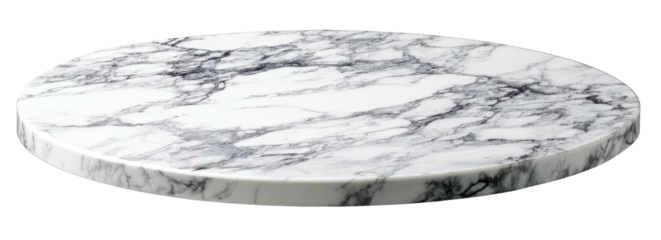 A round, marble-patterned surface with gray veining and a subtle shadow against a black background
