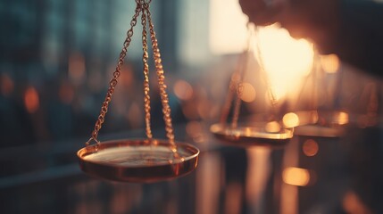 Close-up of metallic balance scale with chains hanging in a blurred outdoor urban setting du sunset or golden hour