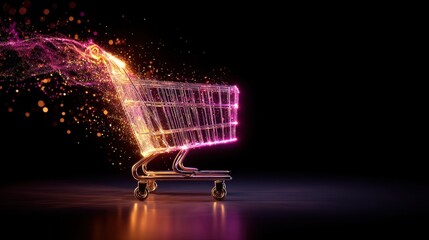 Futuristic Shopping Cart with Vibrant Light Trails and Sparkles on Dark Background, Symbolizing Modern Retail and Consumer Experience