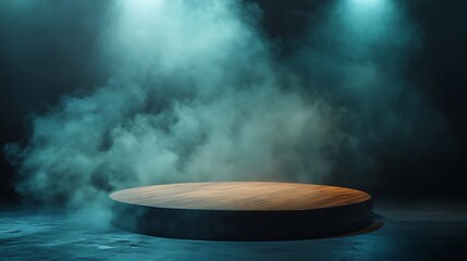 Round Wooden Platform Stage with Blue Smoke and Spotlights in Dark Background