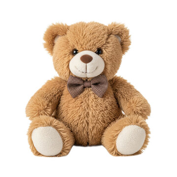 A brown teddy bear wearing a bow tie is sitting on a surface