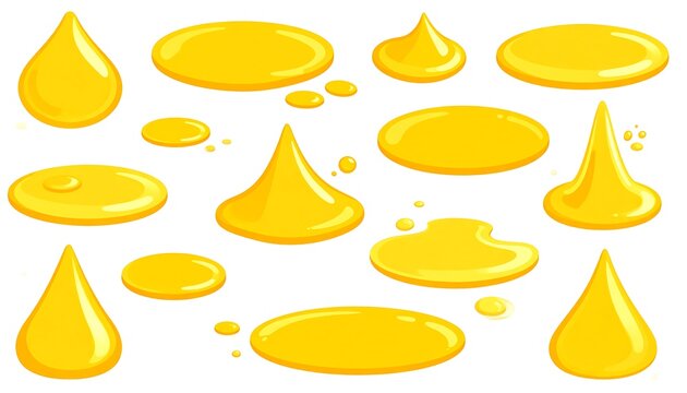 A collection of stylized yellow liquid drops, spills, and puddles, in various shapes, and volumes against a pure white background