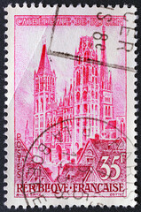 FRANCE-CIRCA 1957:A stamp printed in France shows Rouen Cathedral, 1957.Philately.Postage stamps from different countries and times.A collection of world stamps.