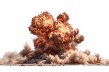 Fiery explosion, showing billowing smoke and expanding cloud on isolated black background