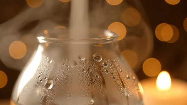 Steaming liquid in glass carafe with bokeh background and candle