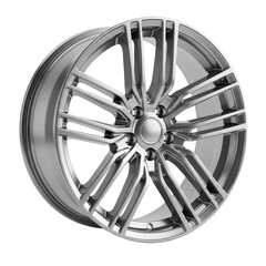 Obraz premium A modern silver alloy car wheel rim with a multi-spoke design, isolated on a clean white background for automotive concepts