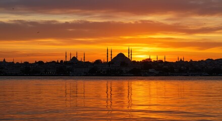 Obraz premium Mosque, Istanbul evening, water, sunset, night, sky, sea, river, city, sun, clouds, sunrise, lake, ocean, bridge, travel, red, harbor, boat, nature