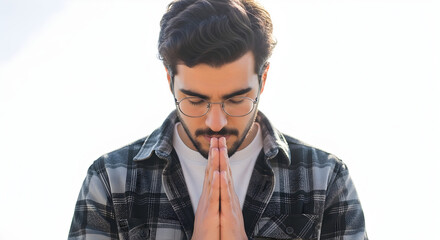 Obraz premium Hopeful Reflection: A Man Seeking Guidance and Inspiration Amidst Life's Journey of Personal Growth and Mental Well Being Through Mindfulness and Spiritual Meditation
