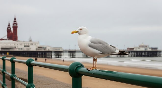 Seagull Perched on Railing with Blackpool Tower in Background.