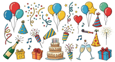 A vibrant collection of hand-drawn birthday party and celebration doodles, including cake, balloons, and gifts.