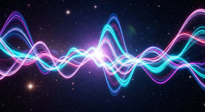 Abstract neon rainbow-colored waves flowing on a starry space background. Futuristic and digital style, shining and sparkling effects, psychedelic and energetic cosmic atmosphere