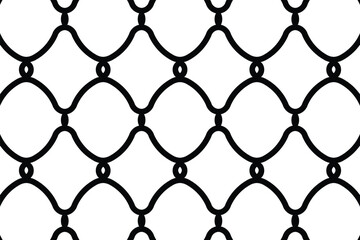Seamless black outline vector pattern of a chain link fence or wire mesh. Interlocking diamond grid texture representing security, barrier, and enclosure. Flat, graphic, and isolated on white.