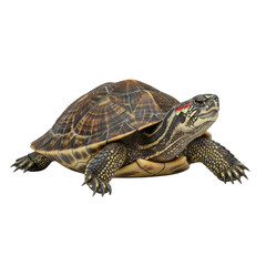 Obraz premium A turtle with a distinctive red stripe on its head is crawling slowly on a surface