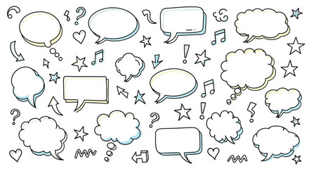 Obraz premium A collection of hand-drawn comic style speech bubbles, thought clouds, and various doodle elements on a white background.
