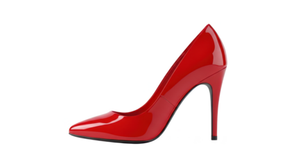 A red high heel shoe with lipstick on a surface