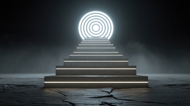 Ethereal Stairway to Light with Neon Circular Design Creating a Mystical Atmosphere for Artistic and Conceptual Interpretations